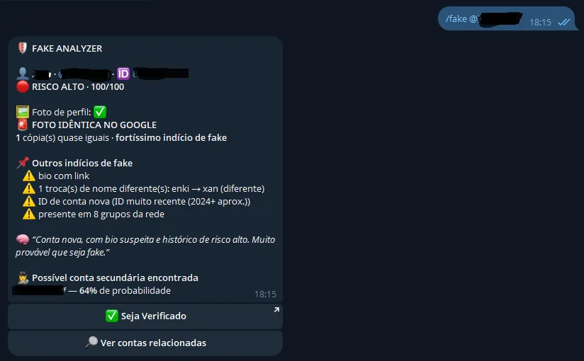 Comando /fake Analise uma por completo e bucas a foto de perfil na internet procurando indicios de conta fake