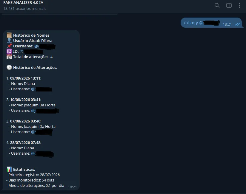 Resposta do comando /history no Telegram, listando os nomes anteriores da conta